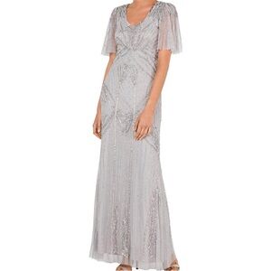 Adrianna Papell beaded Silver Evening Gown MOB MOG size 8p